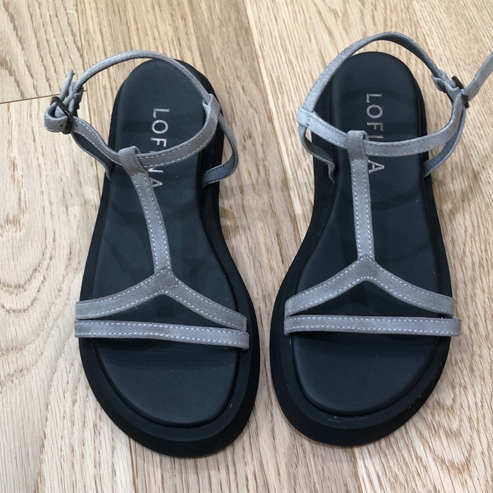 SOLD Lofina Strappy Platform Sandals Gray Suede - Picture 3 of 12